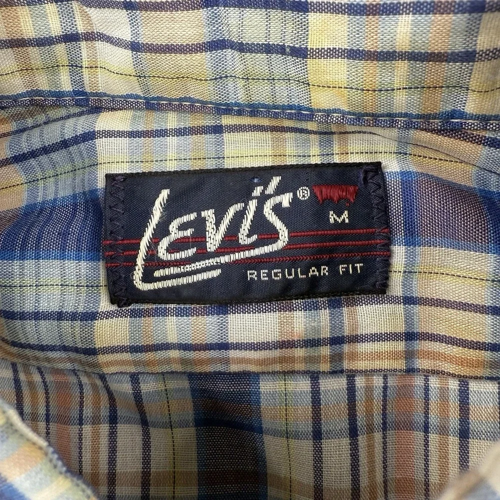 Vintage Levis Shirt Mens Medium Blue Plaid 70s Tapered Western Long Sleeve‎